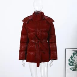 Warm Glossy Hooded Lace-up Cotton Coats 2026 Winter New Female Casual Zipper Bottons Belted Overcoat Women's Solid Streetwear