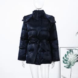 Warm Glossy Hooded Lace-up Cotton Coats 2026 Winter New Female Casual Zipper Bottons Belted Overcoat Women's Solid Streetwear