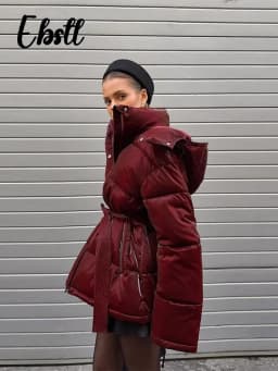 Warm Glossy Hooded Lace-up Cotton Coats 2026 Winter New Female Casual Zipper Bottons Belted Overcoat Women's Solid Streetwear