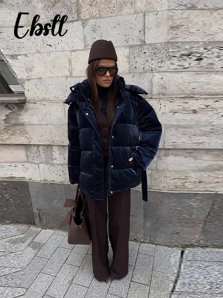 Warm Glossy Hooded Lace-up Cotton Coats 2026 Winter New Female Casual Zipper Bottons Belted Overcoat Women's Solid Streetwear