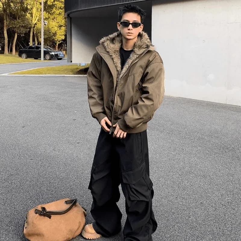 2025 NEW Retro Fur Collar Veet Padded Bomber Jacket for Men Fce Thick Warm Harajuku Casual Loose Joker Jackets Streetwear C