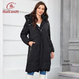 HaiLuoZi 2023 Women Winter Coat Long Thick Parkas Zip Up Warm Female Outwear Slant Pocket Drawstring Hem Women's Jackets 1107