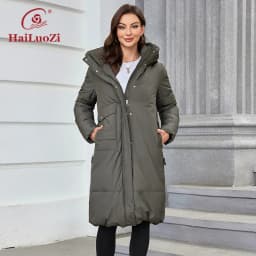 HaiLuoZi 2023 Women Winter Coat Long Thick Parkas Zip Up Warm Female Outwear Slant Pocket Drawstring Hem Women's Jackets 1107