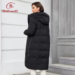 HaiLuoZi 2023 Women Winter Coat Long Thick Parkas Zip Up Warm Female Outwear Slant Pocket Drawstring Hem Women's Jackets 1107
