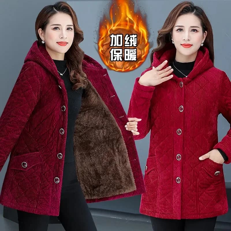 2026New Autumn Winter With Velvet Cotton-padded Jacket Women Mid-Aged Mother Hooded Floral  Plus Velvet Warm Parkas Coat Female