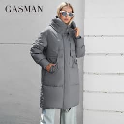 GASMAN 2024 Women down Jacket Long Classic zipper design Big Pocket Stand Collar Hooded Slim coat Women Parkas 88611