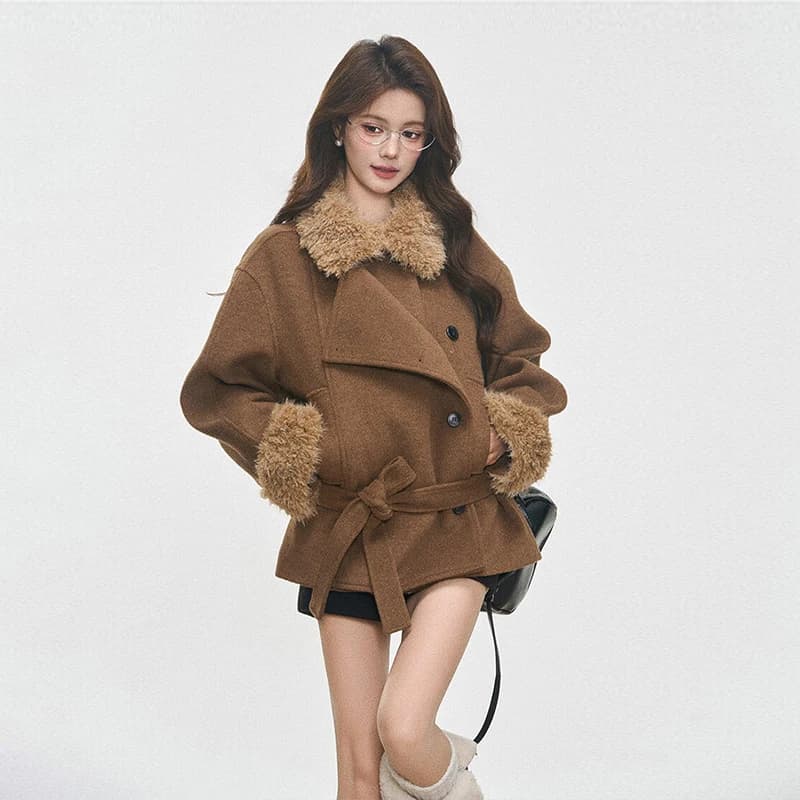 Thickened Cashmere Woolen Coat Women's Short Style Korean Version Winter Coat Brown Woolen Coat Fluffy Collar Casual Fashion
