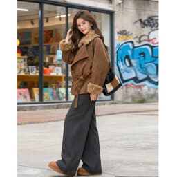 Thickened Cashmere Woolen Coat Women's Short Style Korean Version Winter Coat Brown Woolen Coat Fluffy Collar Casual Fashion