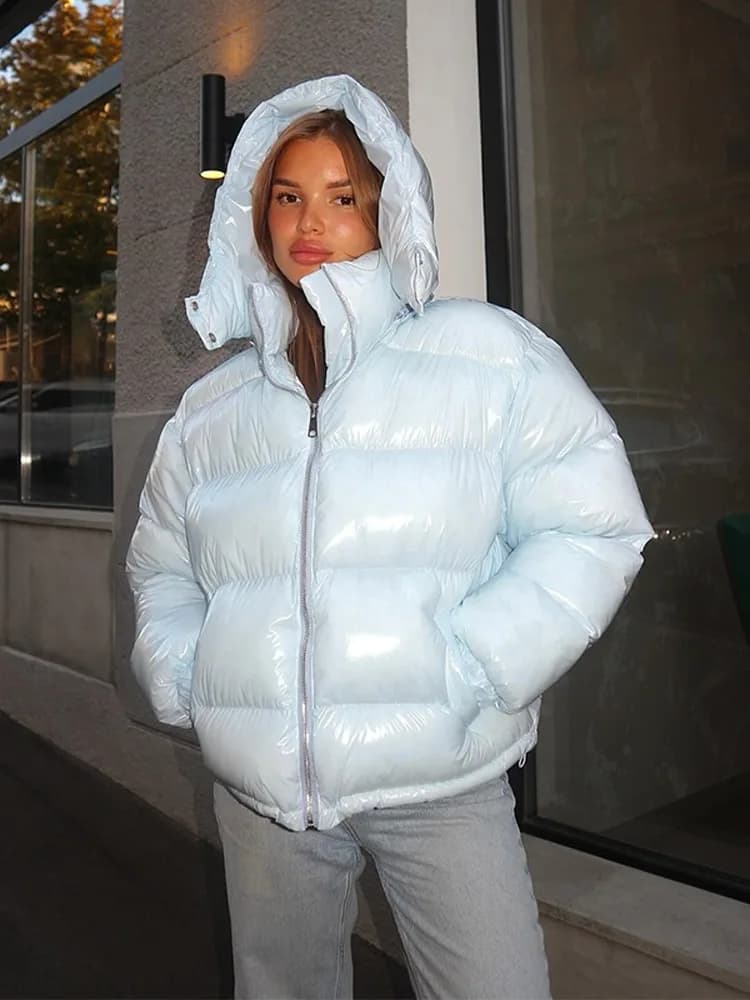 Women Glossy Surface Hooded Padded Jacket Fashion Faux Fur Zipper Cropped Jackets Lady New Winter Warm High Street Outwear 2025