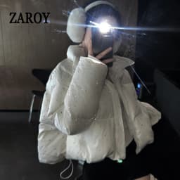 ZAROY Women Thick Warm Cotton Short Jacket Rhinestones Winter Stand Collar Down Coat Shiny Crystal Cropped Puffer Parka Пуховики