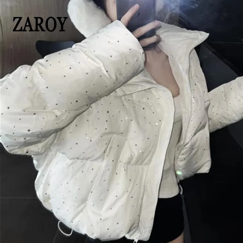 ZAROY Women Thick Warm Cotton Short Jacket Rhinestones Winter Stand Collar Down Coat Shiny Crystal Cropped Puffer Parka Пуховики