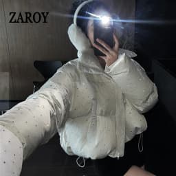 ZAROY Women Thick Warm Cotton Short Jacket Rhinestones Winter Stand Collar Down Coat Shiny Crystal Cropped Puffer Parka Пуховики