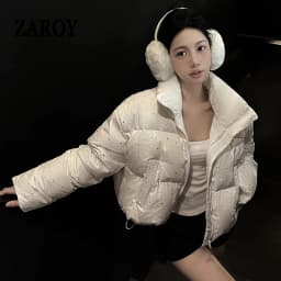 ZAROY Women Thick Warm Cotton Short Jacket Rhinestones Winter Stand Collar Down Coat Shiny Crystal Cropped Puffer Parka Пуховики