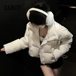 ZAROY Women Thick Warm Cotton Short Jacket Rhinestones Winter Stand Collar Down Coat Shiny Crystal Cropped Puffer Parka Пуховики