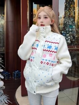 Sweet Print Cute Parkas Women Fashion Knitted Patchwork Thick Warm Cotton Coat Winter Stand Collar Preppy Style Kawaii Jacket
