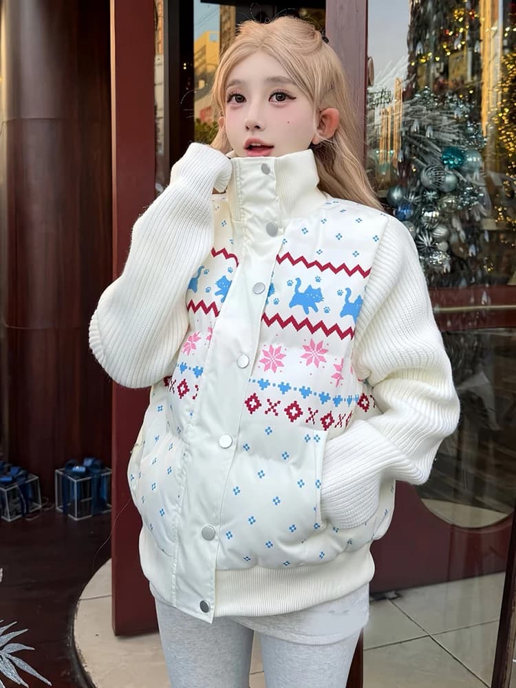 Sweet Print Cute Parkas Women Fashion Knitted Patchwork Thick Warm Cotton Coat Winter Stand Collar Preppy Style Kawaii Jacket