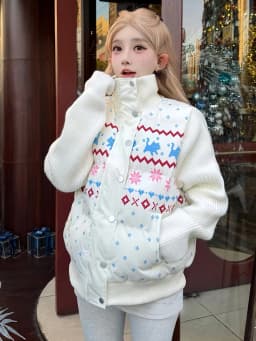 Sweet Print Cute Parkas Women Fashion Knitted Patchwork Thick Warm Cotton Coat Winter Stand Collar Preppy Style Kawaii Jacket