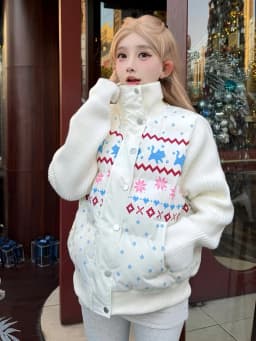 Sweet Print Cute Parkas Women Fashion Knitted Patchwork Thick Warm Cotton Coat Winter Stand Collar Preppy Style Kawaii Jacket