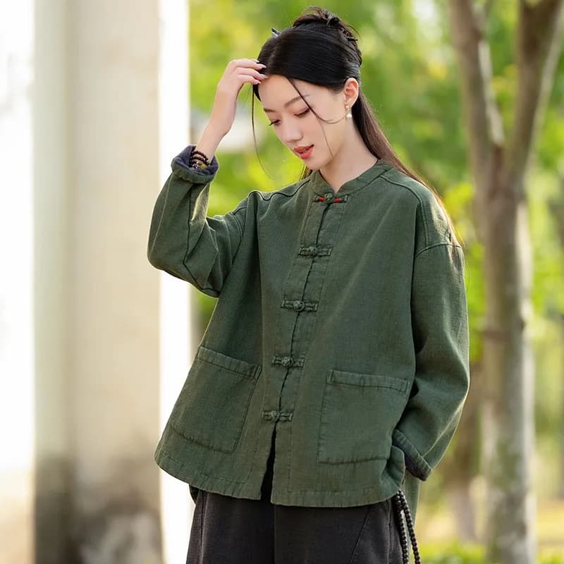 Johnature Women Ramie Cotton Chinese Style Parkas 2025 Winter New Long Sleeve Plush Warm Coats Solid Color Chinese Style Parkas