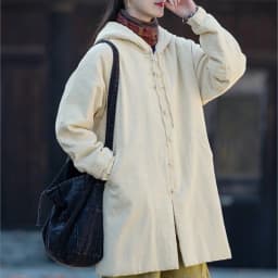 Johnature Women Vintage Hooded Parkas Button Chinese Style Ramie Cotton Coats 2025 Winter New Solid Color Long Sleeve Parkas