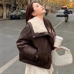 Lambswool Pu Leather Cropped Parkas Women Korean Long Sleeve Fleece Thicken Warm Winter Jackets Chic Pocket Zipper Up Overcoat