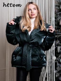 Chic Reflective Fabric Lace Up Hooded Cotton Jacket Women Stand Collar Full Sleeve Zipper Warm Overcoat 2026 Winter Lady Outwear