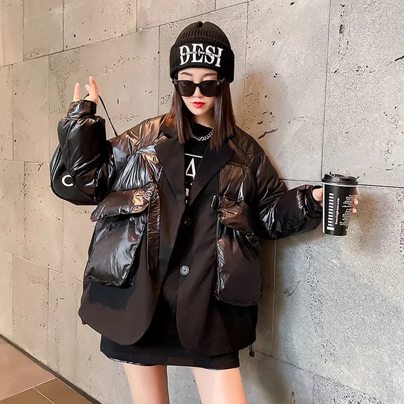 Winter Women Notched Collar Fake Two-piece Patchwork Down Cotton-padded Coat Casual Long Sleeve Female Short Lightweight Parkas