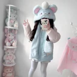 Japanese Winter Star Embroidery Lolita Parkas Women Kawaii Cotton Pattern Ear Hooded Jacket Harajuku Casual Thickened Warm Coat