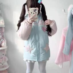 Japanese Winter Star Embroidery Lolita Parkas Women Kawaii Cotton Pattern Ear Hooded Jacket Harajuku Casual Thickened Warm Coat