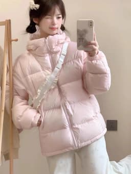 Zoki Winter Cute Pink Puffy Parkas Women Warm Thick Long Sleeve Sweet Cotton Coat Casual Stand Collar Preppy Style Korean Jacket