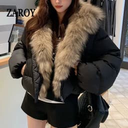 ZAROY Women's Winter Jacket Luxury Fox Fur Collar Puffy Thicken Warm Cotton Short Coat High Street Fashion Outwear Parkas куртка