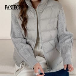 Knit Sleeve Puffer Jacket Women Stand Collar Lightweight Parkas Winter Cable Knit Patchwork Coat Design Short Outerwear куртка