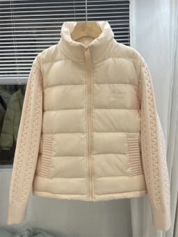 Knit Sleeve Puffer Jacket Women Stand Collar Lightweight Parkas Winter Cable Knit Patchwork Coat Design Short Outerwear куртка