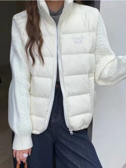 Knit Sleeve Puffer Jacket Women Stand Collar Lightweight Parkas Winter Cable Knit Patchwork Coat Design Short Outerwear куртка