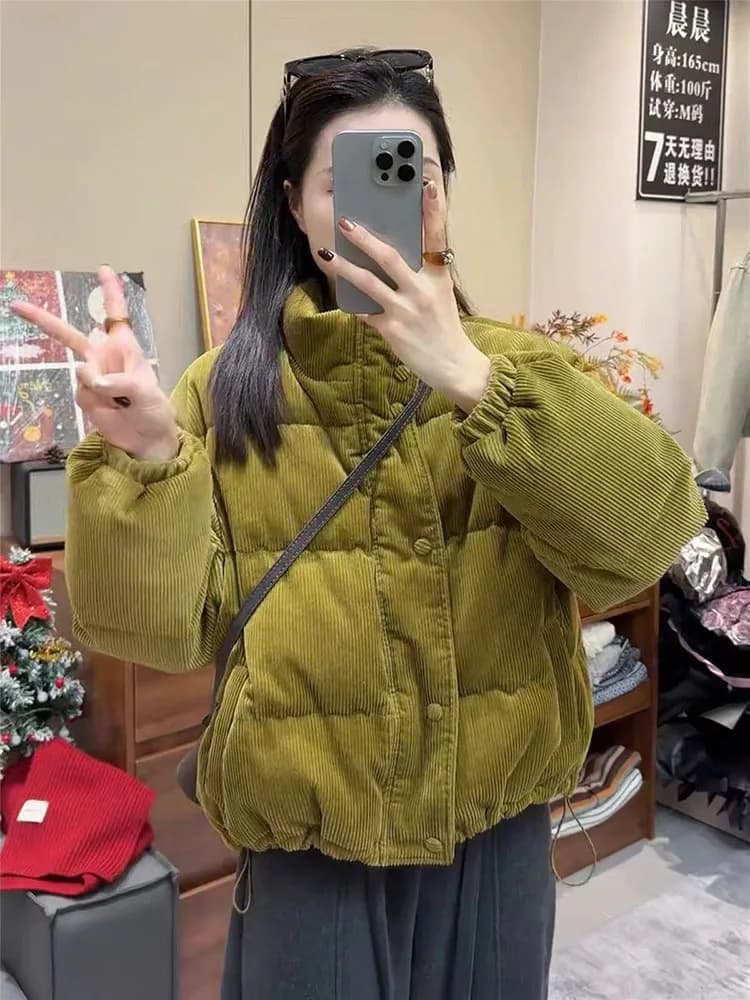 Winter Corduroy Parkas for Women Y2K Korean Loose Thick Warm Crop Coats Y2K Harajuku Preppy All Match Puffer Outerwear Mujer