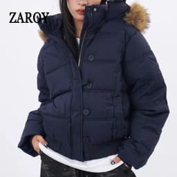 ZAROY Quilted Cotton Slim Short Puffer Coat Women Fur Hood Thick Warm Windproof Winter Cotton Padded Outwear Retro Jacket куртка