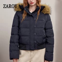ZAROY Quilted Cotton Slim Short Puffer Coat Women Fur Hood Thick Warm Windproof Winter Cotton Padded Outwear Retro Jacket куртка