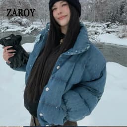 ZAROY Winter Women Denim Jacket With Corsage Fashion Stand Collar Single Breasted Causal Coat Thick Warm Parkas Outerwear куртка