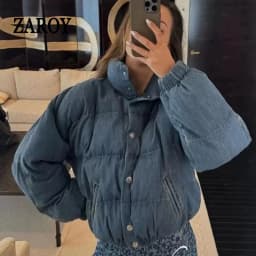 ZAROY Winter Women Denim Jacket With Corsage Fashion Stand Collar Single Breasted Causal Coat Thick Warm Parkas Outerwear куртка