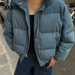 ZAROY Winter Women Denim Jacket With Corsage Fashion Stand Collar Single Breasted Causal Coat Thick Warm Parkas Outerwear куртка