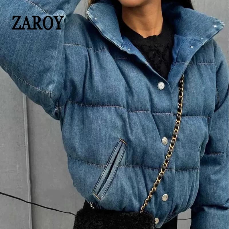ZAROY Winter Women Denim Jacket With Corsage Fashion Stand Collar Single Breasted Causal Coat Thick Warm Parkas Outerwear куртка