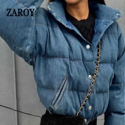 ZAROY Winter Women Denim Jacket With Corsage Fashion Stand Collar Single Breasted Causal Coat Thick Warm Parkas Outerwear куртка