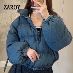 ZAROY Winter Women Denim Jacket With Corsage Fashion Stand Collar Single Breasted Causal Coat Thick Warm Parkas Outerwear куртка