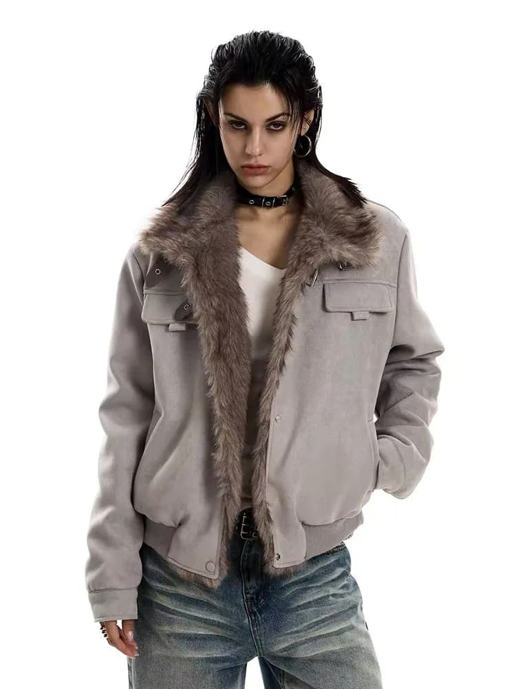 Vintage Suede Parkas Women Y2K American Loose Streetwear Fur Collar Coats Bf Harajuku Single Breasted Warm Outwear New