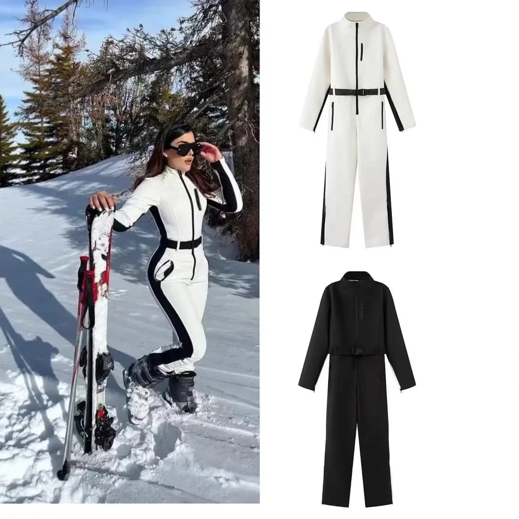 2025 New Women White Waist Cinched One Piece Ski Padded Jacket Black Line Decorations Warm Windproof Multi Color Options