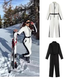 2025 New Women White Waist Cinched One Piece Ski Padded Jacket Black Line Decorations Warm Windproof Multi Color Options