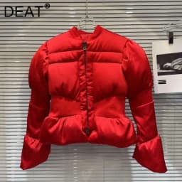DEAT 2024 Winter New Items Fashion Women's Thread Waist Design Warm Jacket Casual Solid Color Zipper Cotton Padded Coat 11A01161
