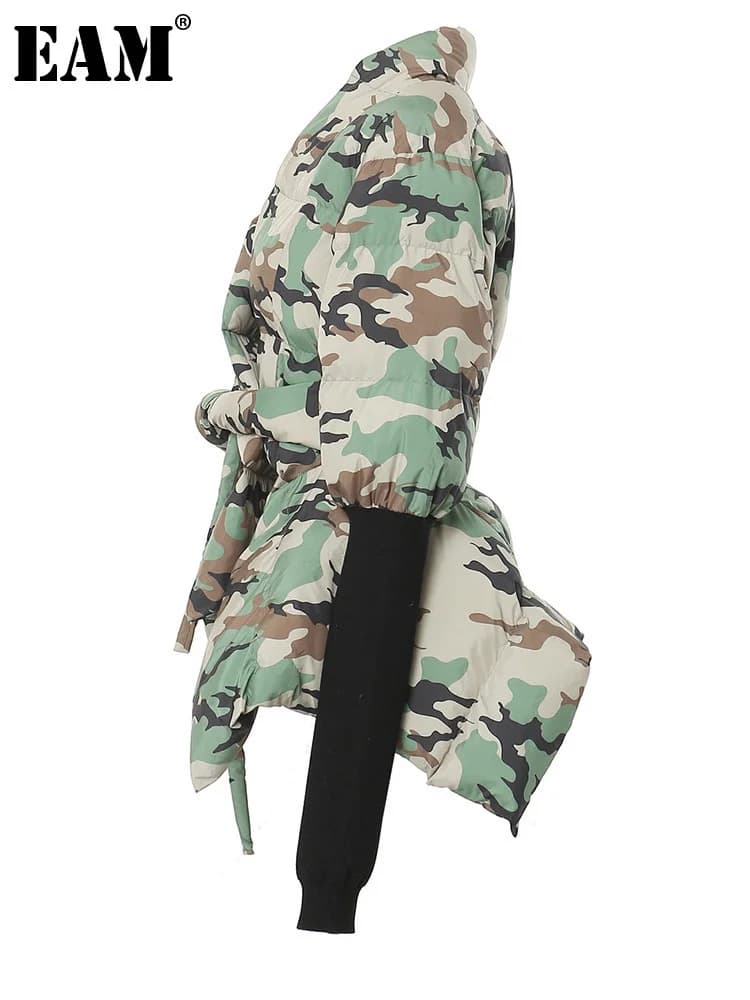 [EAM] Camouflage Knitting Irregular Cotton-padded Coat Long Sleeve Loose Fit Women Parkas Fashion New Autumn Winter 2026 7AB2058