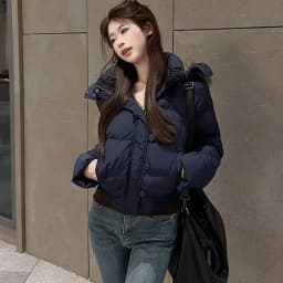 Korean Fur Collar Hooded Parkas Ladies Fashion Design Cropped Cotton Padded Winter Jacket Female Blue Casual Warm Parka Coats