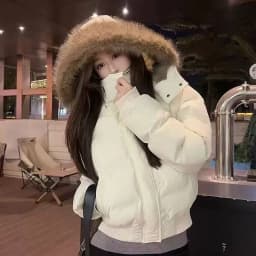 Korean Fur Collar Hooded Parkas Ladies Fashion Design Cropped Cotton Padded Winter Jacket Female Blue Casual Warm Parka Coats